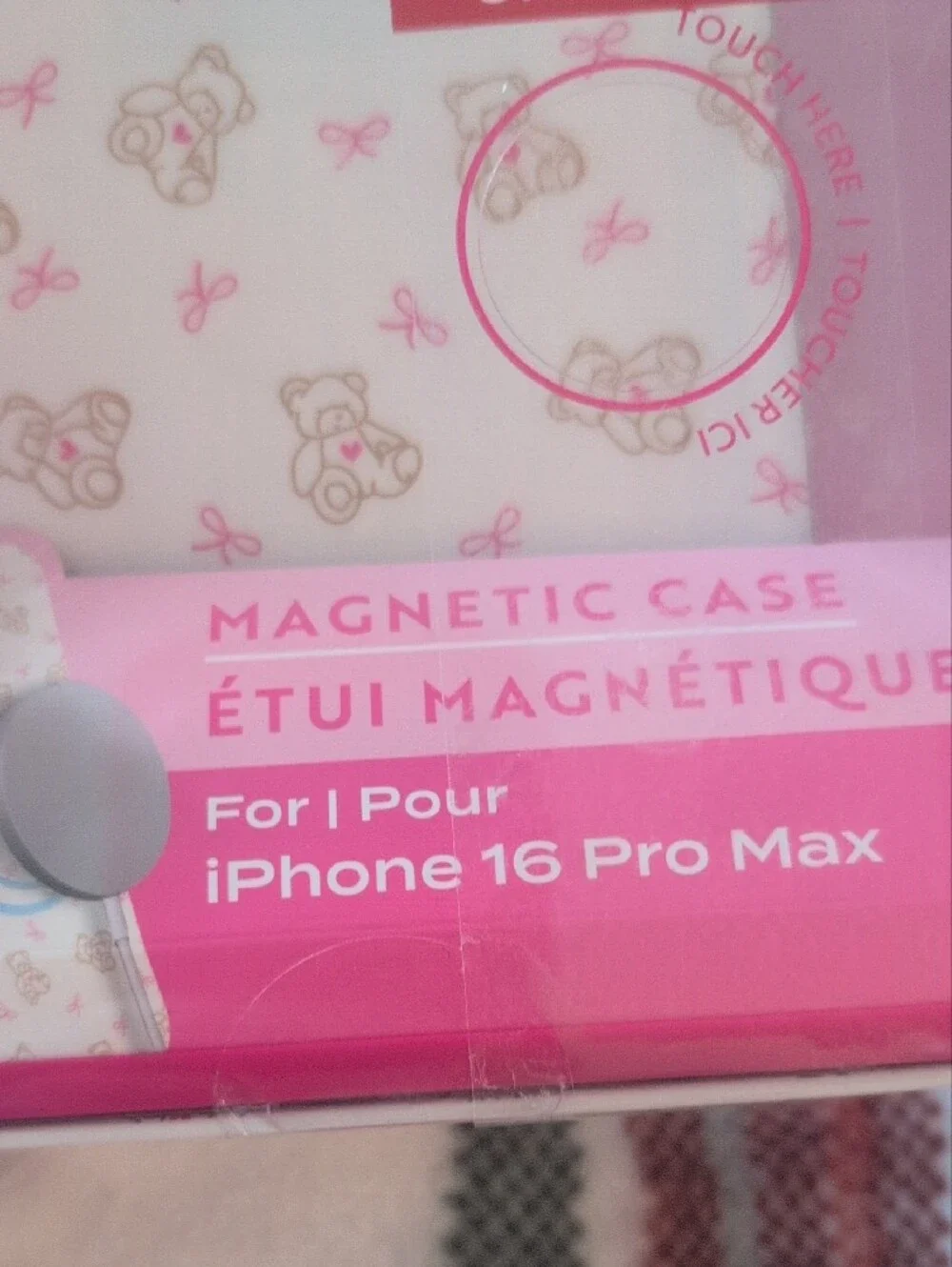 Magnetic Phone Case for iPhone 16 Pro Max — White with Pink & Tan Bear Print